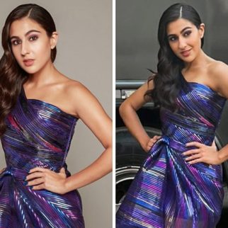 Sara Ali Khan makes a strong case for metallic in Amit Aggarwal's purple off-shoulder draped metallic dress worth Rs.1.25 Lakh