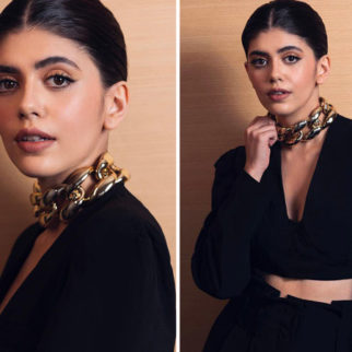 Sanjana Sanghi nails a powerful all-black look in a black co-ord set and gold chain link choker for promotions of Rashtra Kavach Om in Lucknow