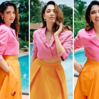 Tamannaah Bhatia nails colour blocking trend, makes statement in pink crop top and tangerine skirt worth Rs. 35K