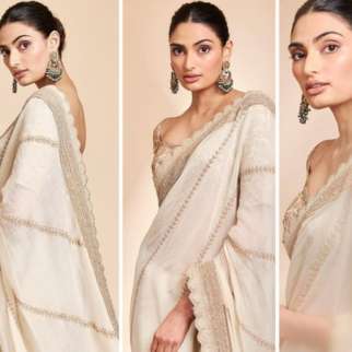 Athiya Shetty goes all traditional in an ivory and golden saree by Anamika Khanna in latest photo-shoot