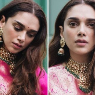 Aditi Rao Hydari is a sight to behold in Raw Mango’s pink saree teamed with a pink and golden blouse